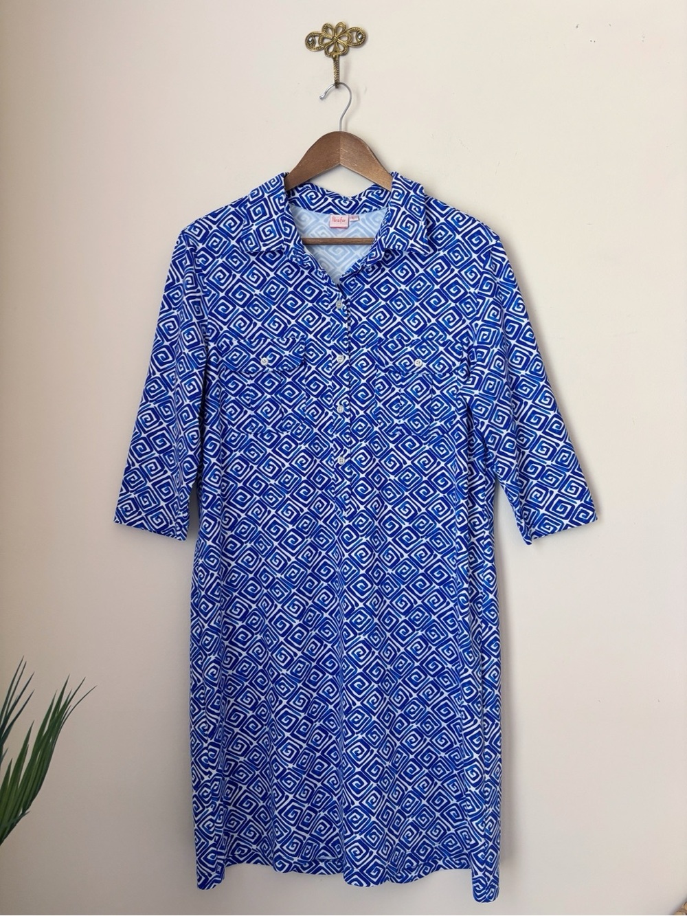 Persifor Blue & White Geometric Print Stretch Jersey Polo Dress Large
